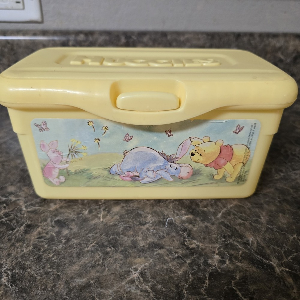 Vintage Huggies Baby Wipes Case Winnie the Pooh Piglet Eeyore Yellow Plastic HTF